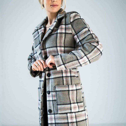 Chic Checked Knee-Length Outerwear with Stylish Collar
