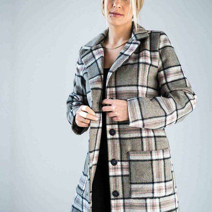 Chic Checked Knee-Length Outerwear with Stylish Collar