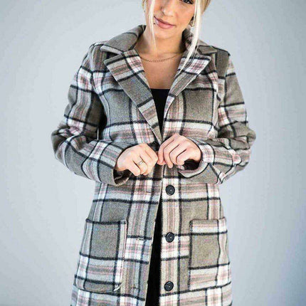 Chic Checked Knee-Length Outerwear with Stylish Collar