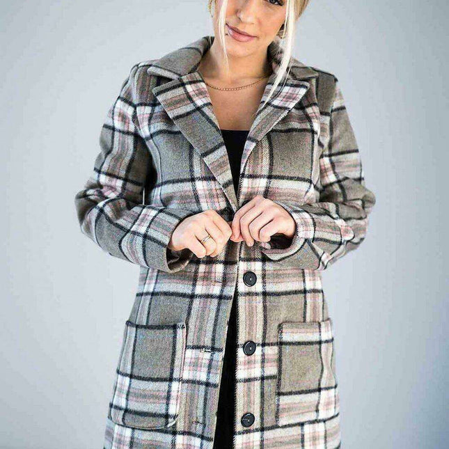 Chic Checked Knee-Length Outerwear with Stylish Collar