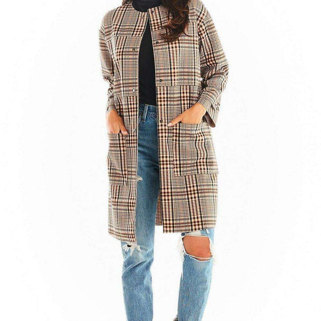 Chic Checkered Coat with Secure Snap Fasteners