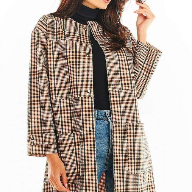 Chic Checkered Coat with Secure Snap Fasteners