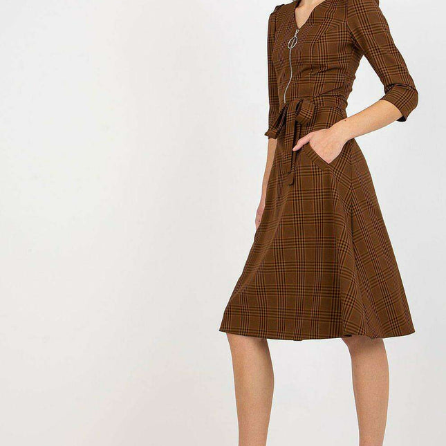 Chic Checkered Daydress with Zip Closure and Adjustable Waist Tie