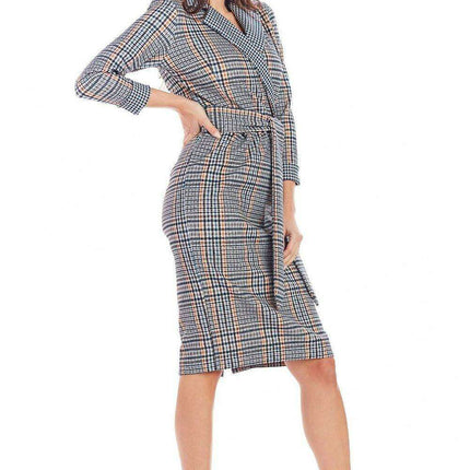 Chic Checkered Midi Dress with Waist Belt for Office Elegance - Très Elite