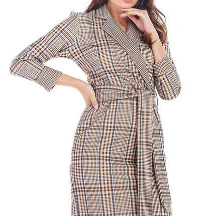 Chic Checkered Midi Dress with Waist Belt for Office Elegance - Très Elite