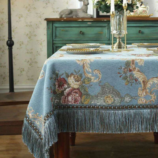 Chic Chenille Tablecloth with Decorative Floral Tassels for Upscale Dining Settings