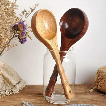 Chic Chestnut Wood Extended Handle Soup Ladle - Sophisticated Cooking Spoon for Your Culinary Space - Très Elite