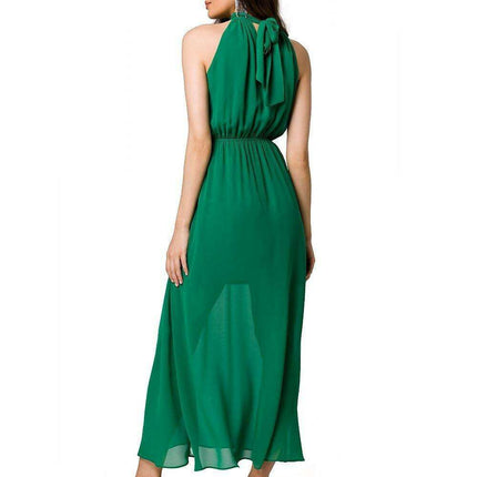 Chic Chiffon Halter Midi Dress with Defined Waist and Stylish Belt - Très Elite