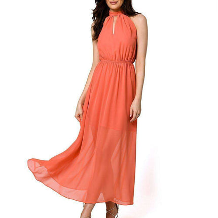 Chic Chiffon Halter Midi Dress with Defined Waist and Stylish Belt