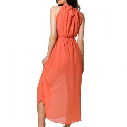 Chic Chiffon Halter Midi Dress with Defined Waist and Stylish Belt - Très Elite