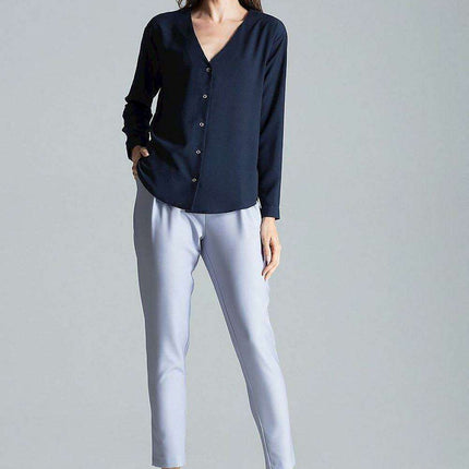 Chic Collarless V-Neck Long Sleeve Shirt with Stylish Snap Buttons and Unique Print - Très Elite