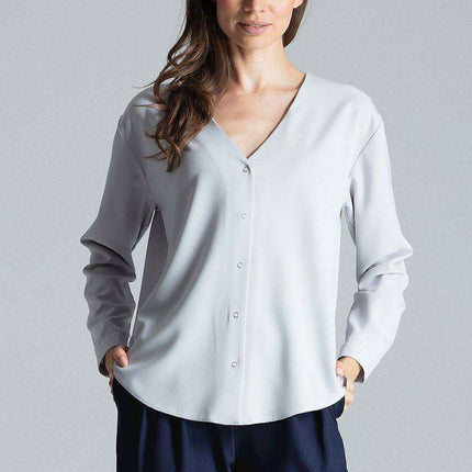 Chic Collarless V-Neck Long Sleeve Shirt with Stylish Snap Buttons and Unique Print - Très Elite