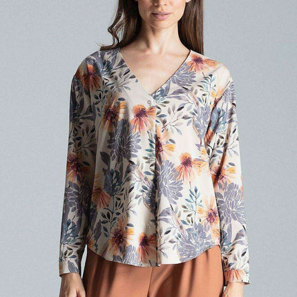 Chic Collarless V-Neck Long Sleeve Shirt with Stylish Snap Buttons and Unique Print - Très Elite