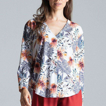 Chic Collarless V-Neck Long Sleeve Shirt with Stylish Snap Buttons and Unique Print - Très Elite
