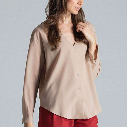 Chic Collarless V-Neck Long Sleeve Shirt with Stylish Snap Buttons and Unique Print - Très Elite