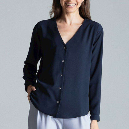 Chic Collarless V-Neck Long Sleeve Shirt with Stylish Snap Buttons and Unique Print - Très Elite