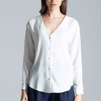 Chic Collarless V-Neck Long Sleeve Shirt with Stylish Snap Buttons and Unique Print - Très Elite