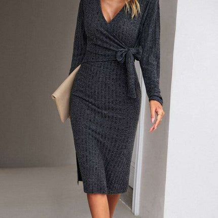 Chic Comfort: Women's V-Neck Knit Tie Dress for Effortless Style - Très Elite