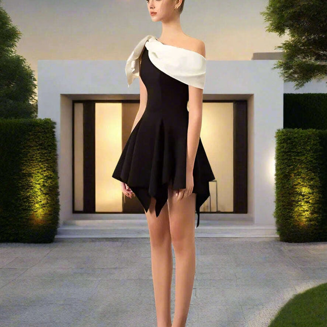 Chic Contrast Color Bowknot Mini Dress with Irregular Slash Neck for Women - DEAT Summer Collection 2024
