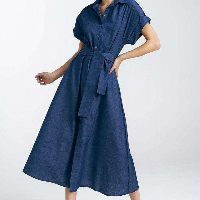 Chic Cotton Denim Midi Dress With Kimono Sleeves Snap