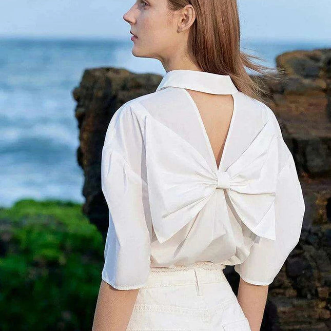 Chic Cotton Puff Sleeve Blouse for Women with Bow Accent - Summer Minimalism Collection