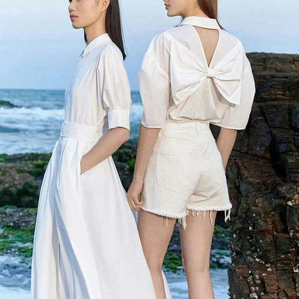 Chic Cotton Puff Sleeve Blouse for Women with Bow Accent - Summer Minimalism Collection - Très Elite