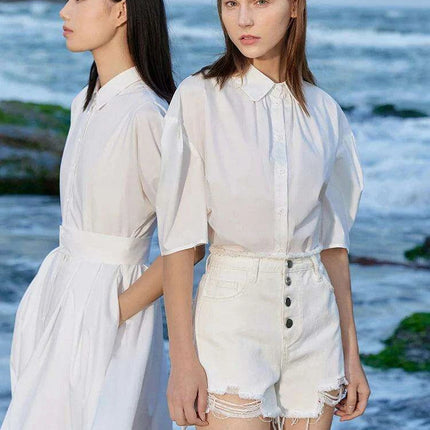 Chic Cotton Puff Sleeve Blouse for Women with Bow Accent - Summer Minimalism Collection - Très Elite
