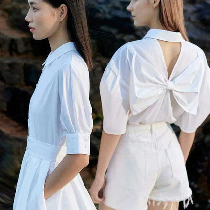 Chic Cotton Puff Sleeve Blouse for Women with Bow Accent - Summer Minimalism Collection - Très Elite