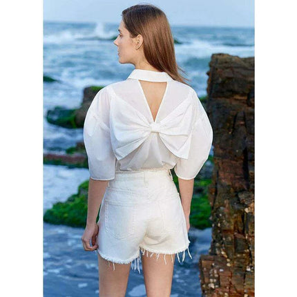 Chic Cotton Puff Sleeve Blouse for Women with Bow Accent - Summer Minimalism Collection