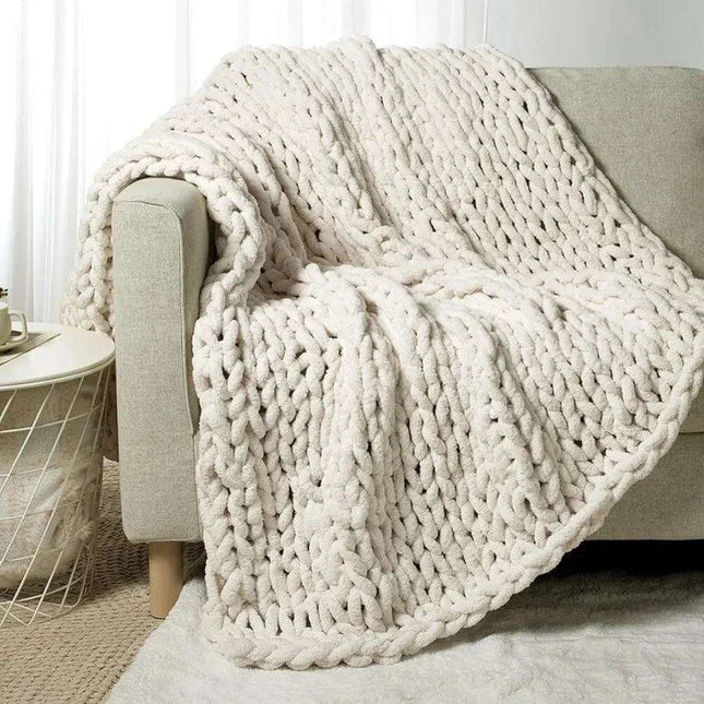 Chic Cream White Plaid Oversized Chunky Knit Throw Blanket - Autumn Comfort