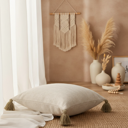 Elegant Cream White Tassel Pillow Cover - Dual Design with Sophisticated Patterns - Très Elite