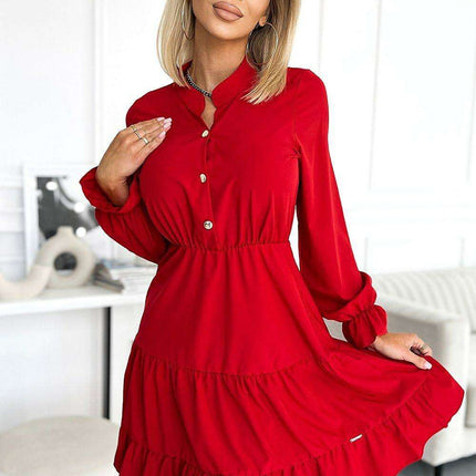 Chic Crimson Ruffled Long Sleeve Dress with Decorative Gold Fasteners by Numoco
