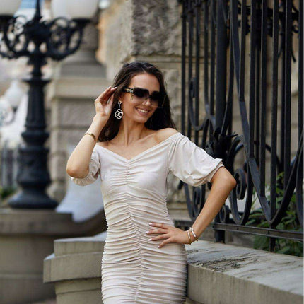 Chic Crinkle Brocade Mini Dress with Elegant Spanish Neckline - Très Elite