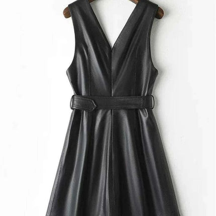 Chic Customizable Black Faux Leather Midi Dress with Pockets for Women - Perfect Bodycon Clubwear - Très Elite