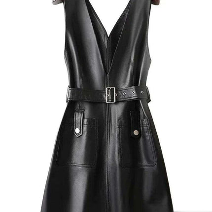 Chic Customizable Black Faux Leather Midi Dress with Pockets for Women - Perfect Bodycon Clubwear - Très Elite