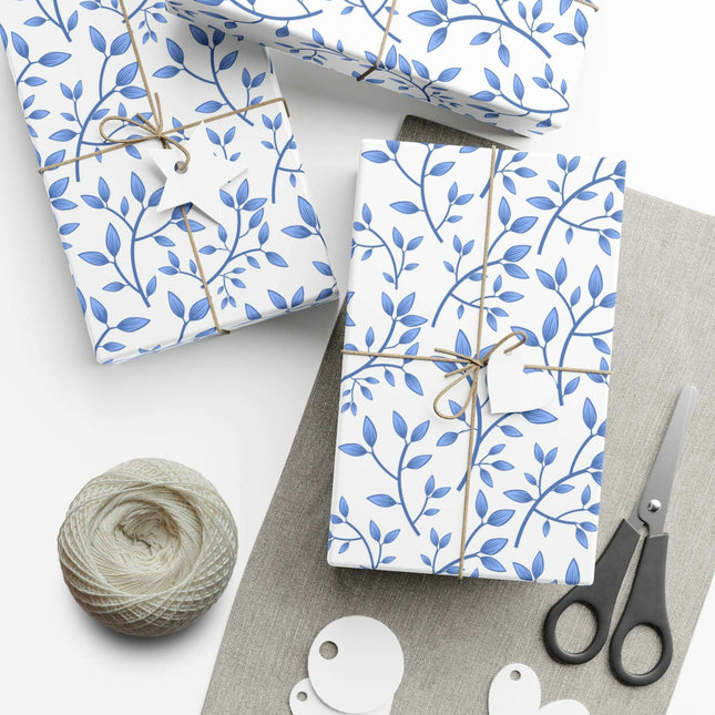 Chic Customizable Blue Floral Gift Wrap Paper Set: Premium Eco-Friendly Matte and Satin Finishes with Multiple Size Choices