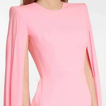 Chic Customizable Blush Evening Gown with Long Sleeves and Structured Shoulders - Très Elite