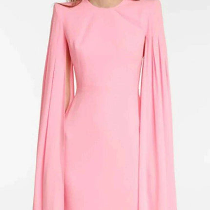 Chic Customizable Blush Evening Gown with Long Sleeves and Structured Shoulders - Très Elite