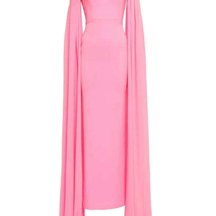 Chic Customizable Blush Evening Gown with Long Sleeves and Structured Shoulders - Très Elite