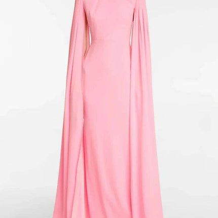 Chic Customizable Blush Evening Gown with Long Sleeves and Structured Shoulders - Très Elite