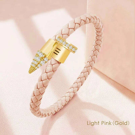 Chic Customizable Leather Nail Bracelet with Dazzling Zirconia - Stylish Women's Accessory - Très Elite