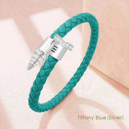 Chic Customizable Leather Nail Bracelet with Dazzling Zirconia - Stylish Women's Accessory - Très Elite