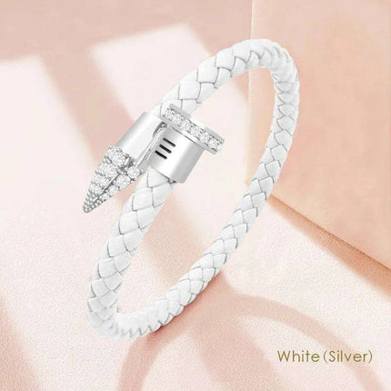 Chic Customizable Leather Nail Bracelet with Dazzling Zirconia - Stylish Women's Accessory - Très Elite