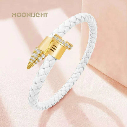 Chic Customizable Leather Nail Bracelet with Dazzling Zirconia - Stylish Women's Accessory - Très Elite