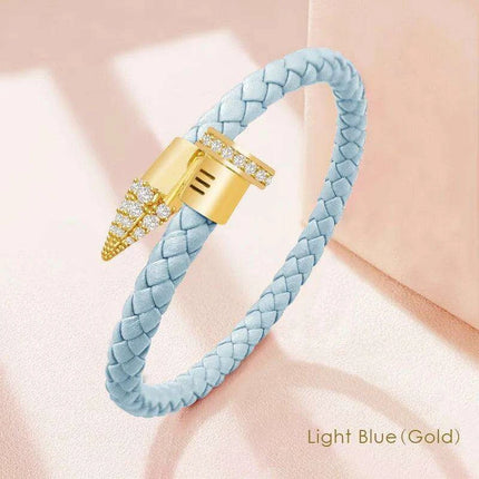 Chic Customizable Leather Nail Bracelet with Dazzling Zirconia - Stylish Women's Accessory - Très Elite