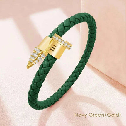 Chic Customizable Leather Nail Bracelet with Dazzling Zirconia - Stylish Women's Accessory - Très Elite