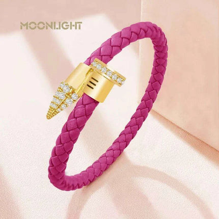 Chic Customizable Leather Nail Bracelet with Dazzling Zirconia - Stylish Women's Accessory - Très Elite