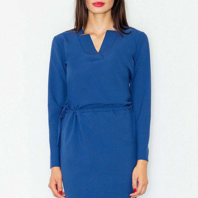 Chic Daytime Sophistication: Long Sleeve Polyester Dress with Waist Tie - Model 77065