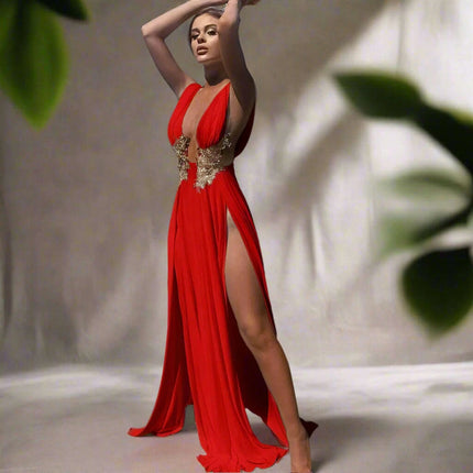 Chic Deep V-Neck Gold Embroidered Maxi Dress for Summer Evenings - Très Elite