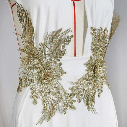 Chic Deep V-Neck Gold Embroidered Maxi Dress for Summer Evenings - Très Elite